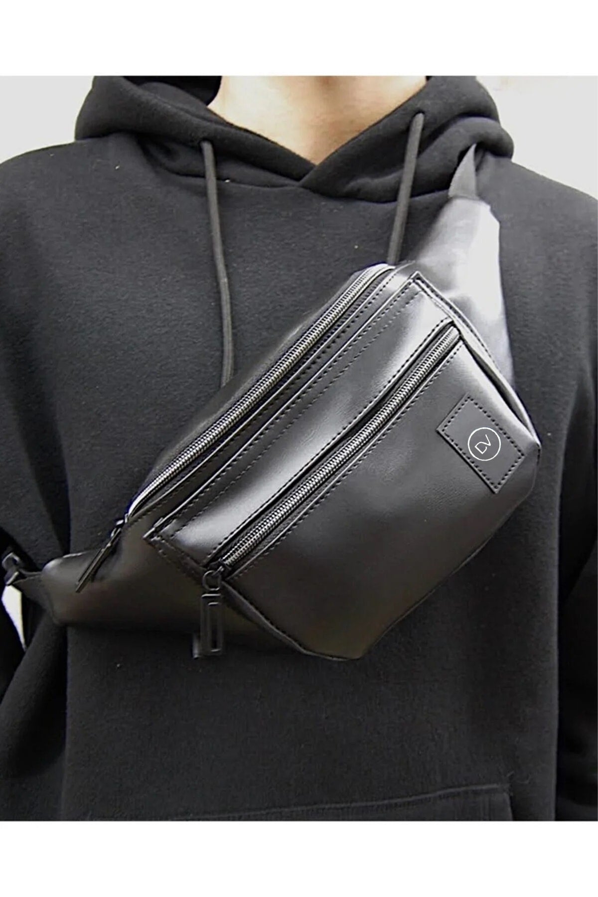 Unisex Black Faux Leather Waist And Shoulder Bag