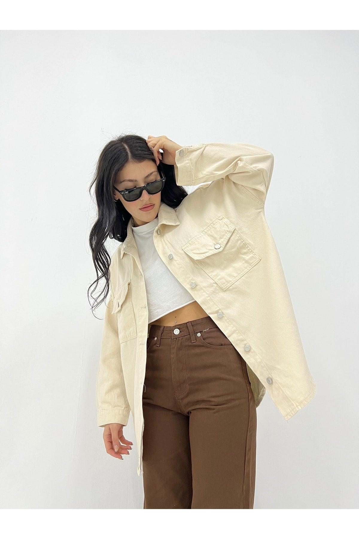 Women's Cream Oversize Fit Gabardine Shirt Jacket III Ecru Tunic - Swordslife