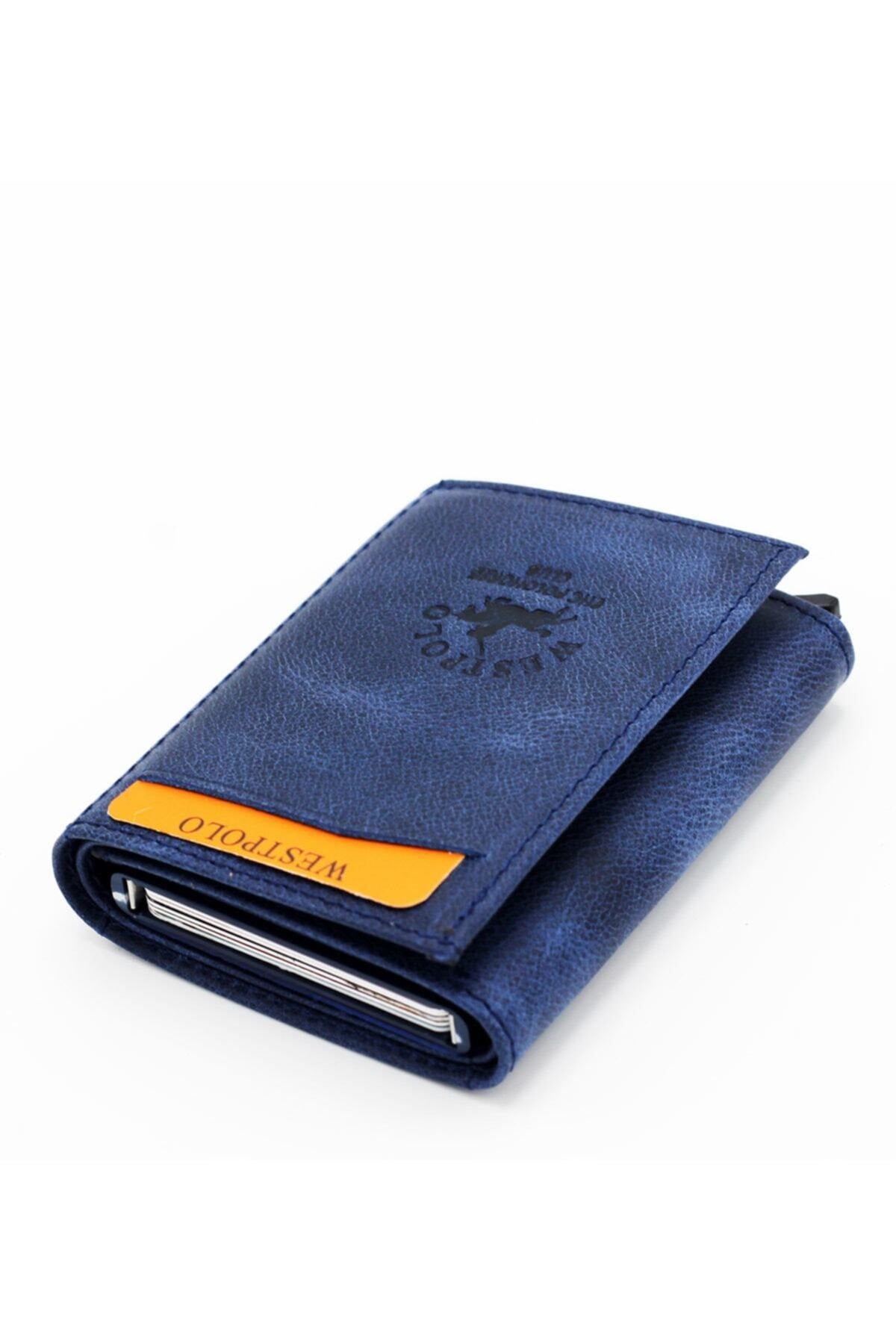 Men'S Navy Blue Leather Mechanism Wallet Card Holder