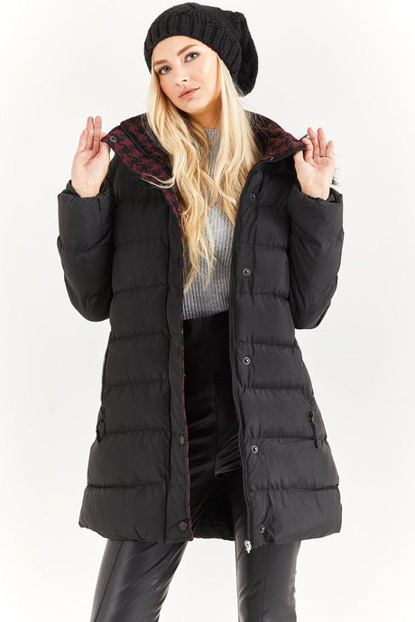 Women's Black Burgundy Fur Hooded Down Jacket - Swordslife