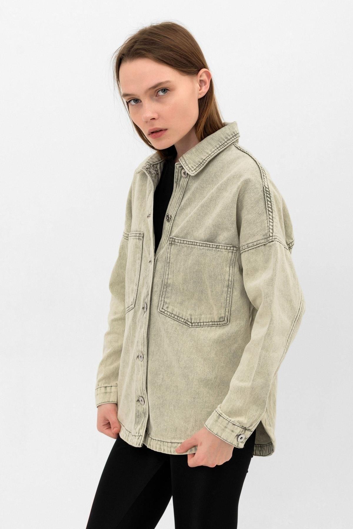 Khaki Green Pocket Slit Detailed Oversize Denim Jacket - Swordslife