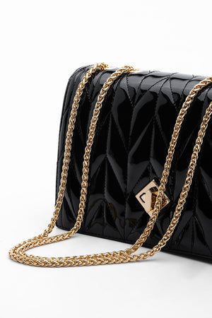 Women'S Gold Color Chain Shoulder Bag Delbin Black Patent Leather