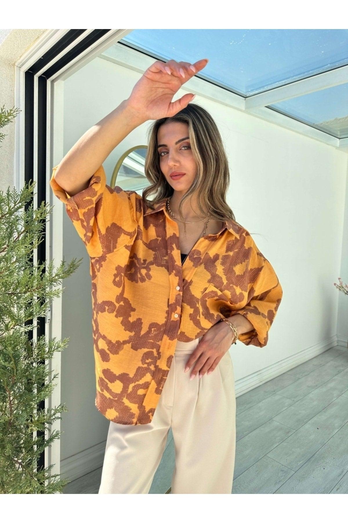 Mustard Patterned Off Shoulder Oversize Shirt - Swordslife