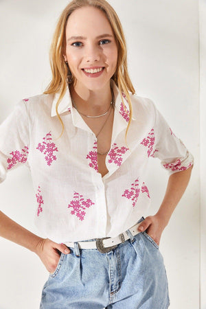 Women's Floral Fuchsia Sleeve Fold Linen Shirt GML-19000825 - Swordslife