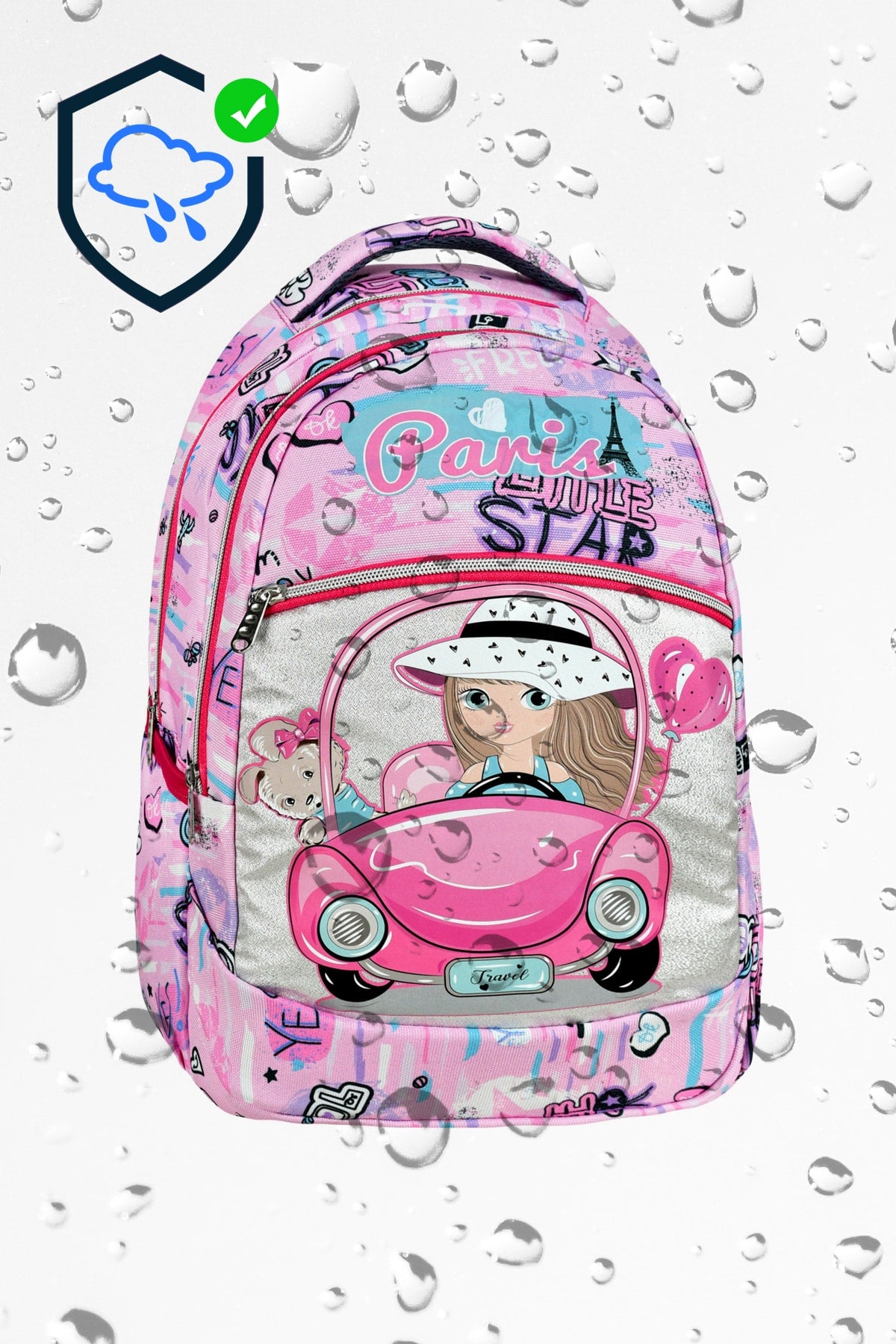Set Of 3, Pink Color Girl Patterned Primary School Bag + Lunch Box + Pencil Holder