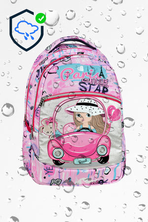 Set Of 3, Pink Color Girl Patterned Primary School Bag + Lunch Box + Pencil Holder