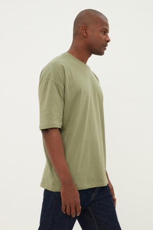 Khaki Men'S Basic 100% Cotton Crew Neck Oversized Short Sleeved T-Shirt Tmnss22Ts0318