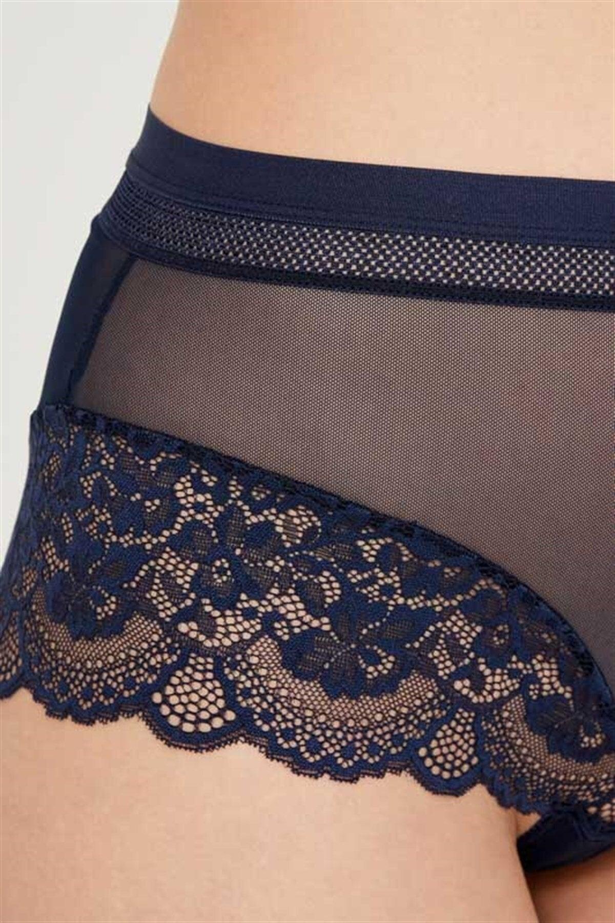 Navy Blue Lace Detailed Transparent Plus Size Bikini Panties - Swordslife