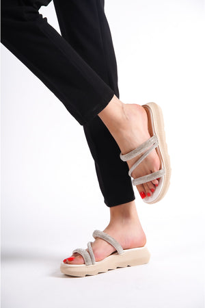 Women'S Cream-White Flat Sole Stone Stylish Slippers Wsb0494