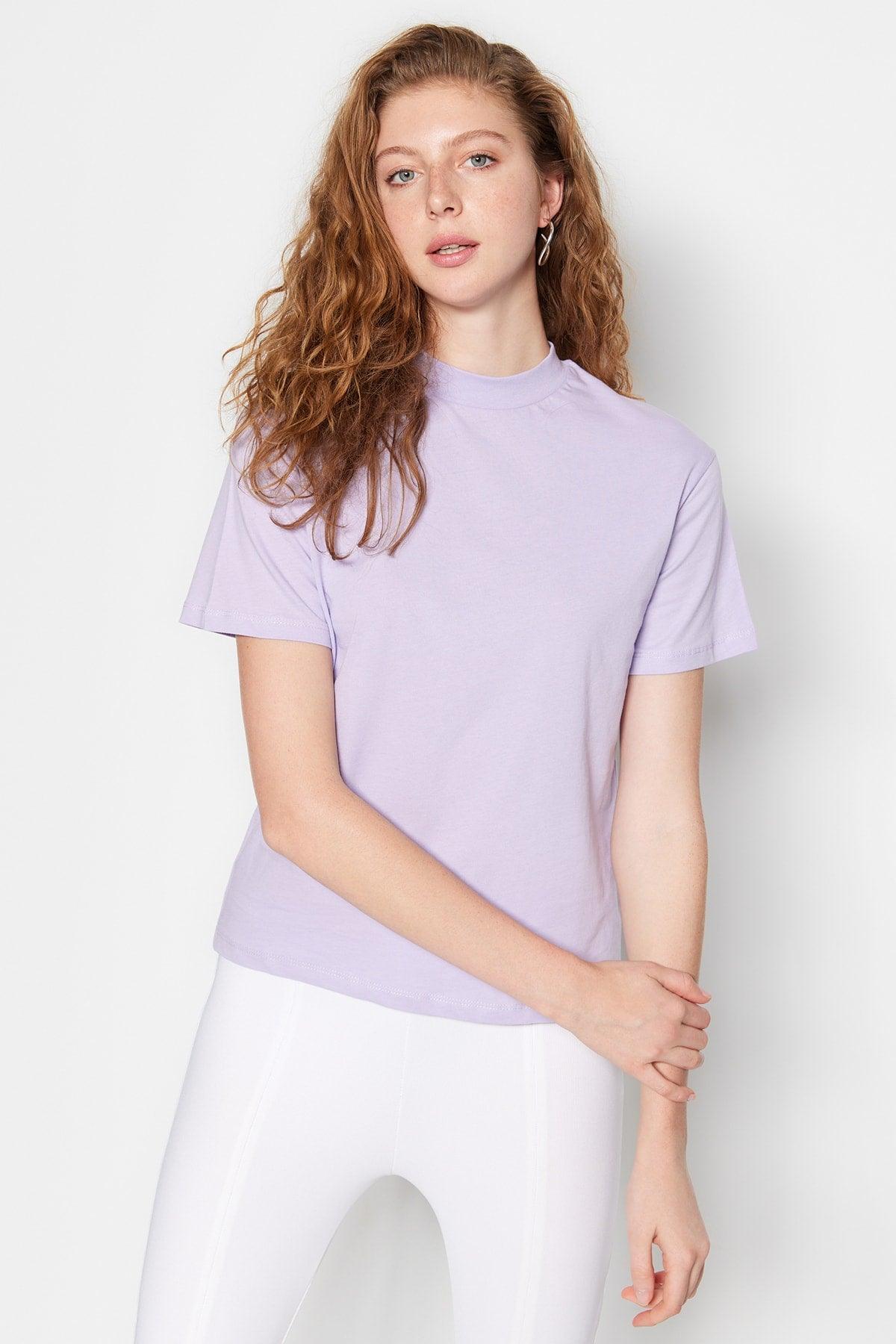 Lilac 100% Cotton Basic Stand Up Collar Knitted T-shirt TWOAW20TS0096 - Swordslife