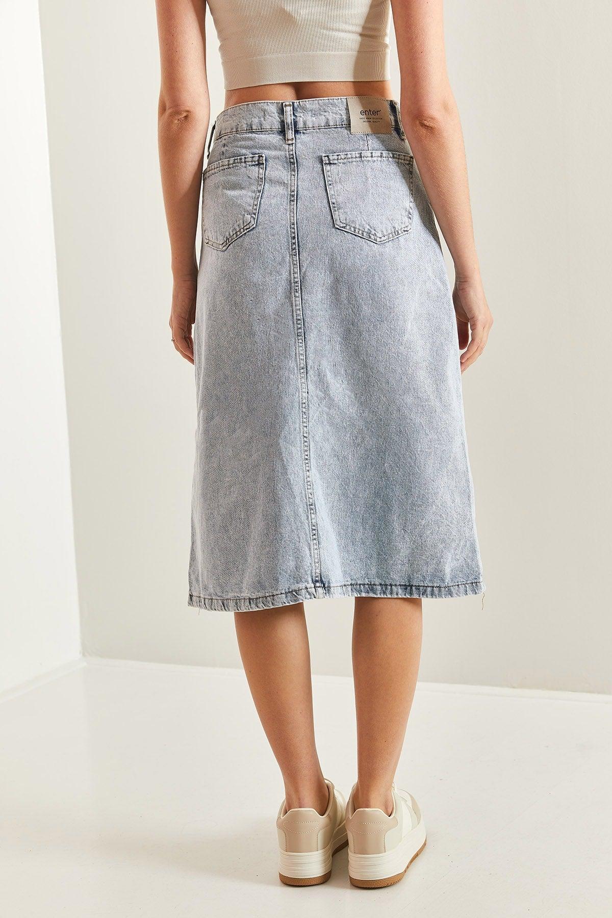 Women's Buttoned Straight Slit Denim Skirt - Swordslife