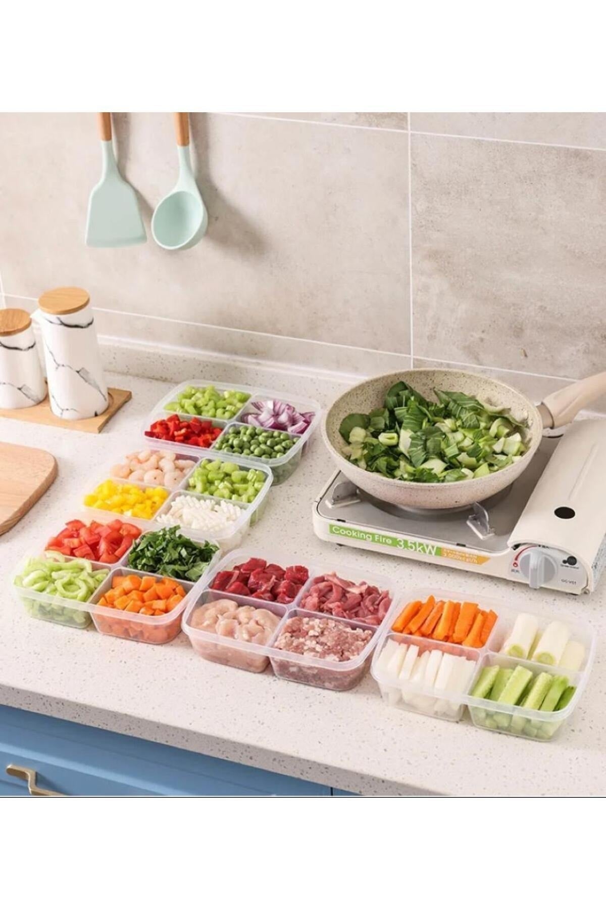 Large 6 Pieces Frozen Meat And Vegetable Storage Container With 4 Compartments - Cubed Minced Meat Organizer