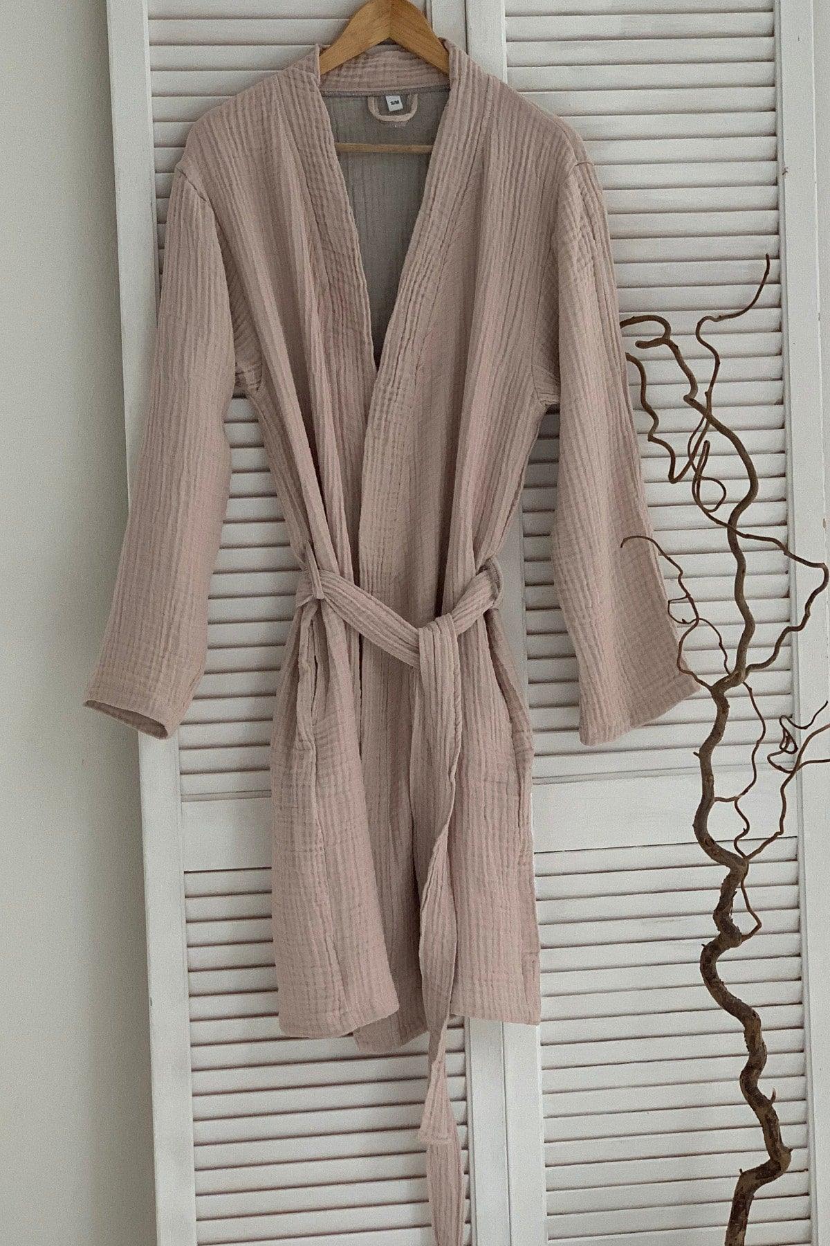 Women's 4 Layers Muslin Bathrobe/Mini Dress, Cotton Kimono, Powder - Swordslife