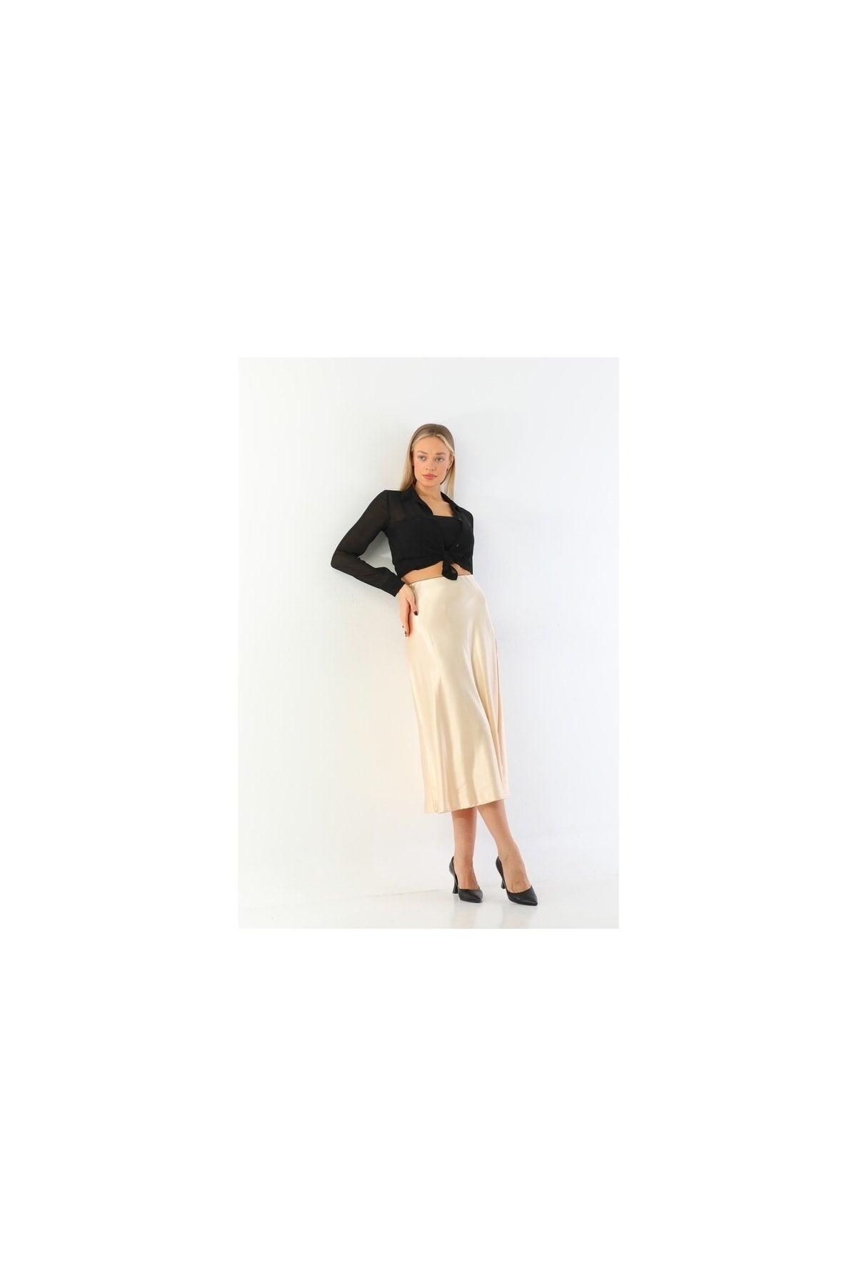 Beige Viscose Satin Midi Skirt - Swordslife