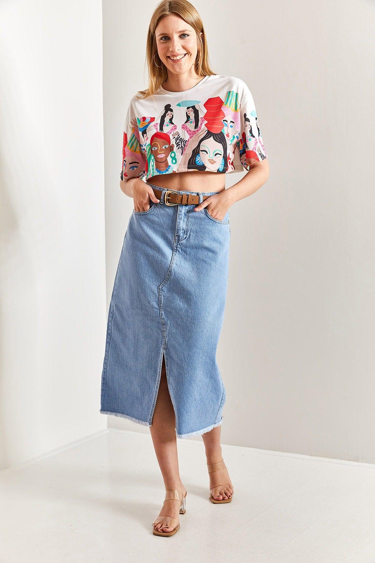 Women's Laser Cut Slit Denim Skirt - Swordslife