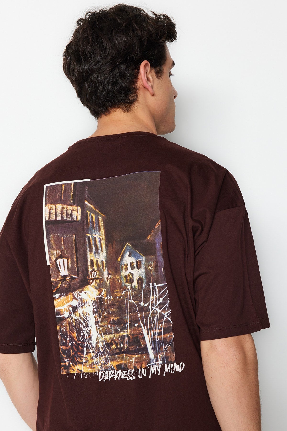 Brown Men'S Oversize Crew Neck Short Sleeve Back Printed 100% Cotton T-Shirt