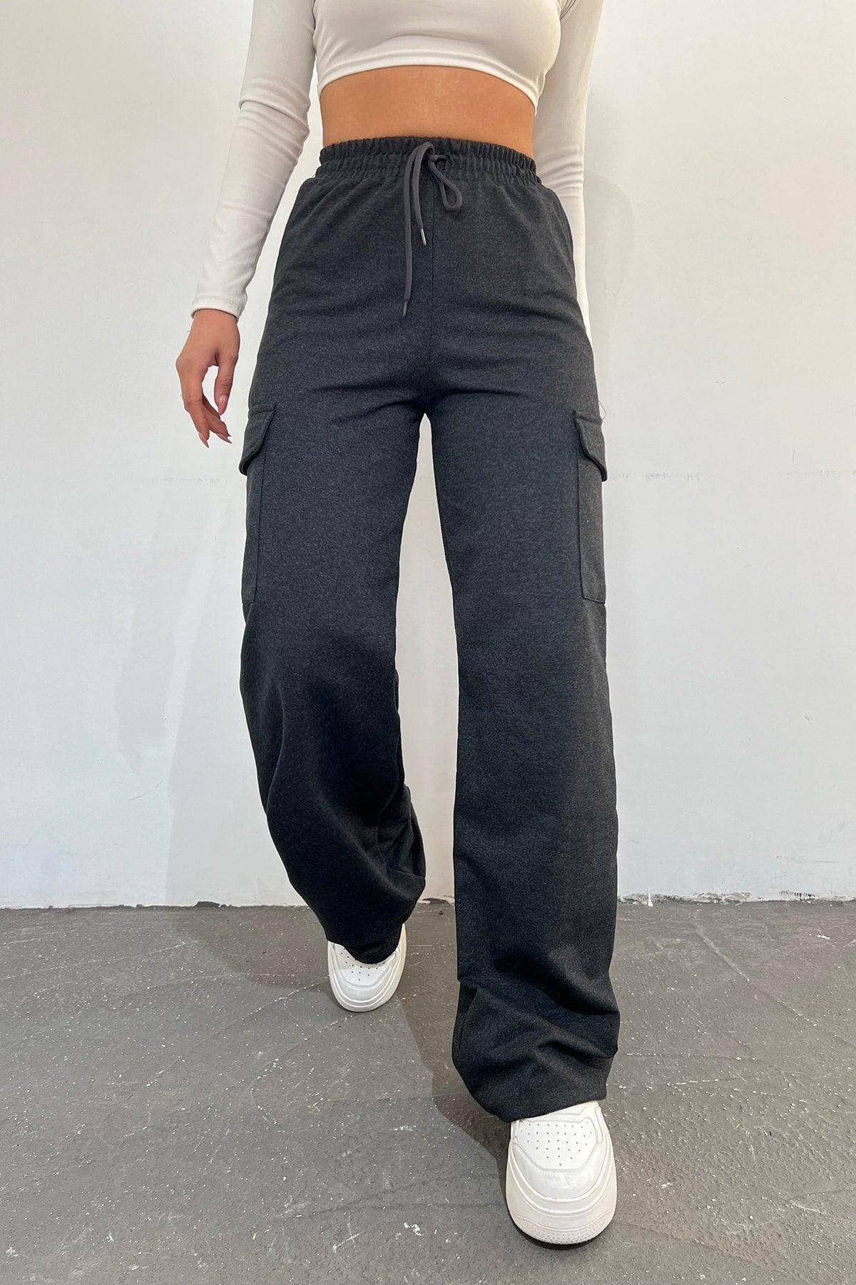 Women's Anthracite - Regular Fit Cargo Pocket Wide Leg Sweatpants - Swordslife