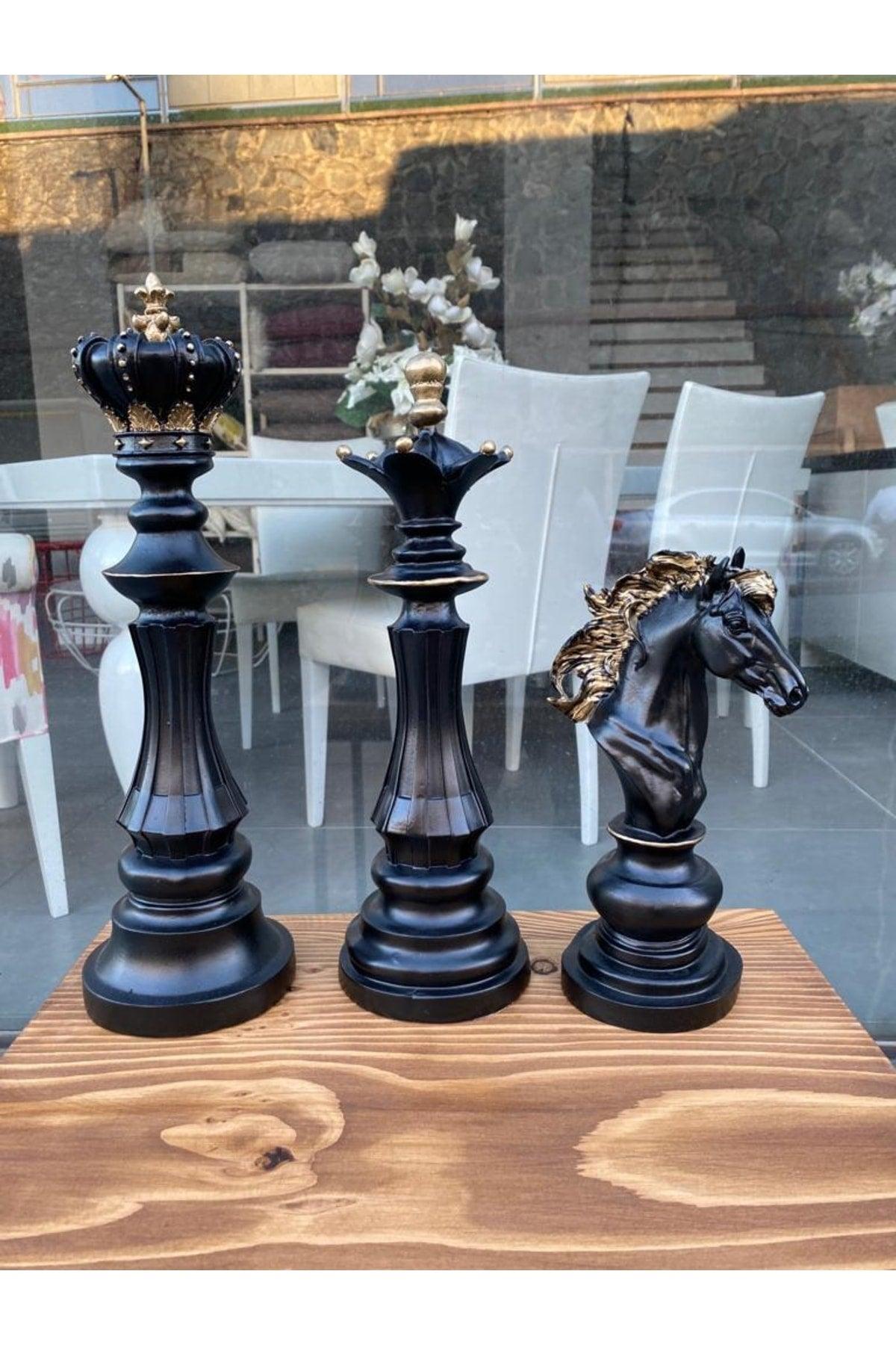 Trio Chess Set Statue King Queen Horse Decorative Black Gold Trinket - Swordslife