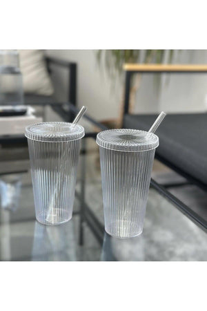 Mi̇Ka 2 Pieces 600 Ml Mica Lid Origami Style Mica Cup With Straw | Presentation Glass Soft Drink Glass