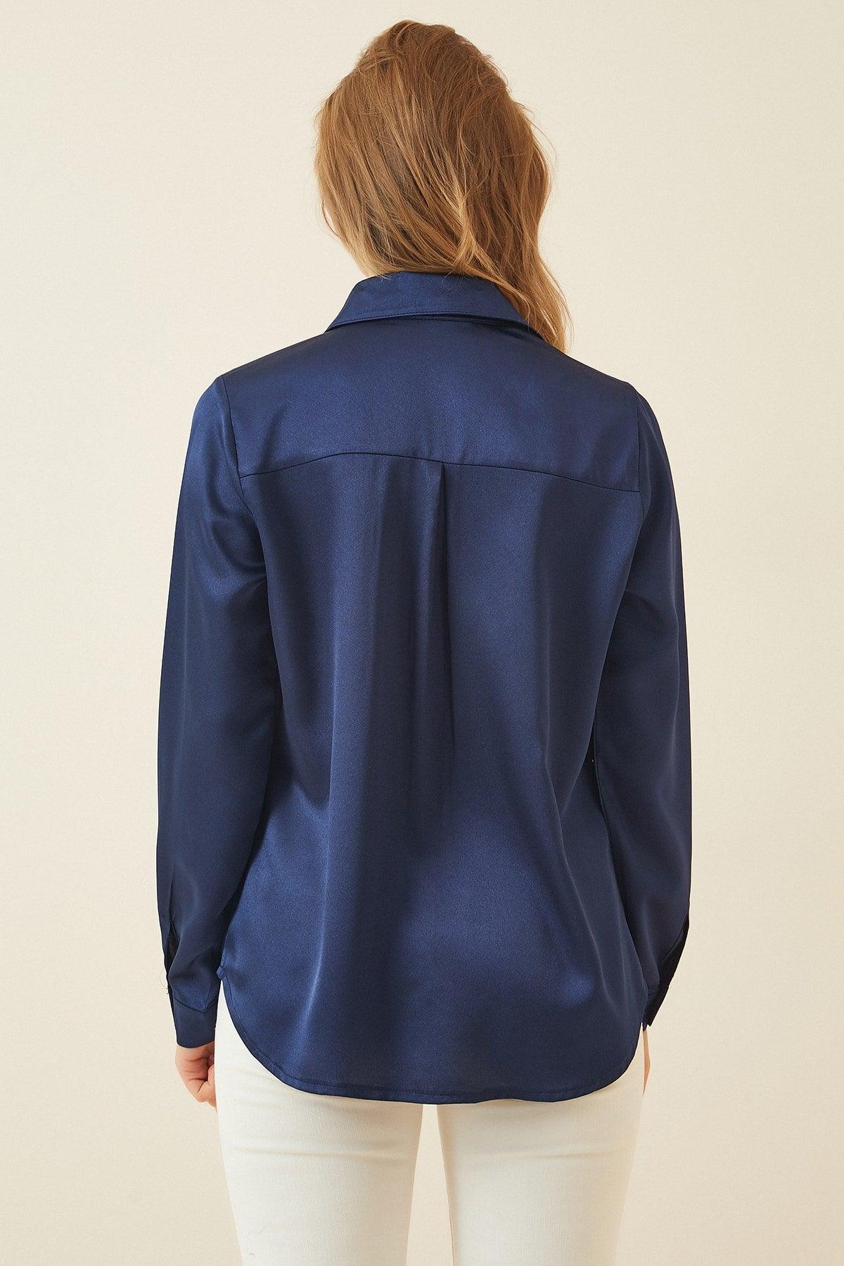 Women's Navy Blue Lightly Flowy Satin Shirt DD00990 - Swordslife