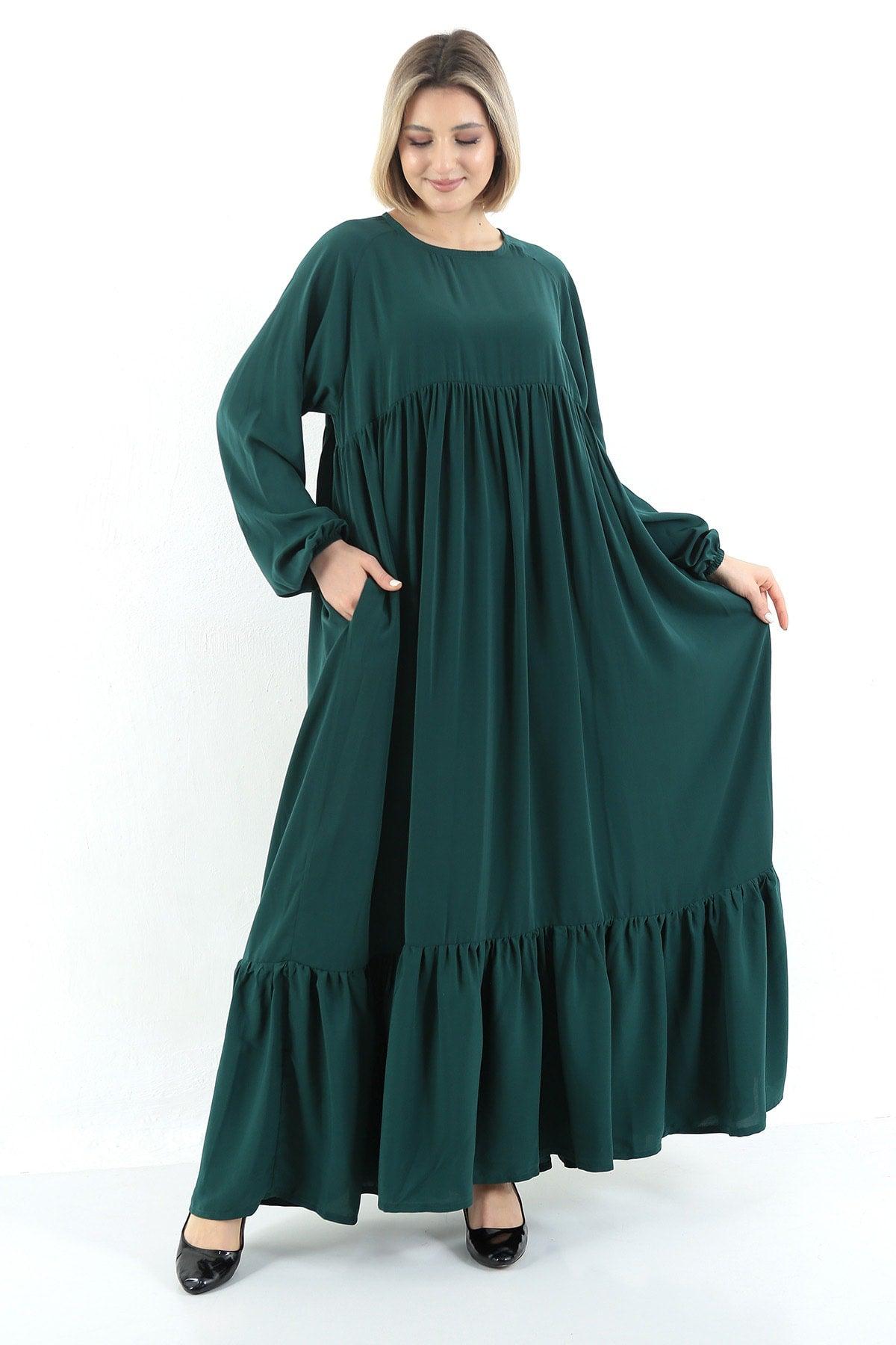 Emerald Green Crew Neck Relaxed Fit Elastic Sleeve Side Pockets Pleated Robe Dress - Swordslife