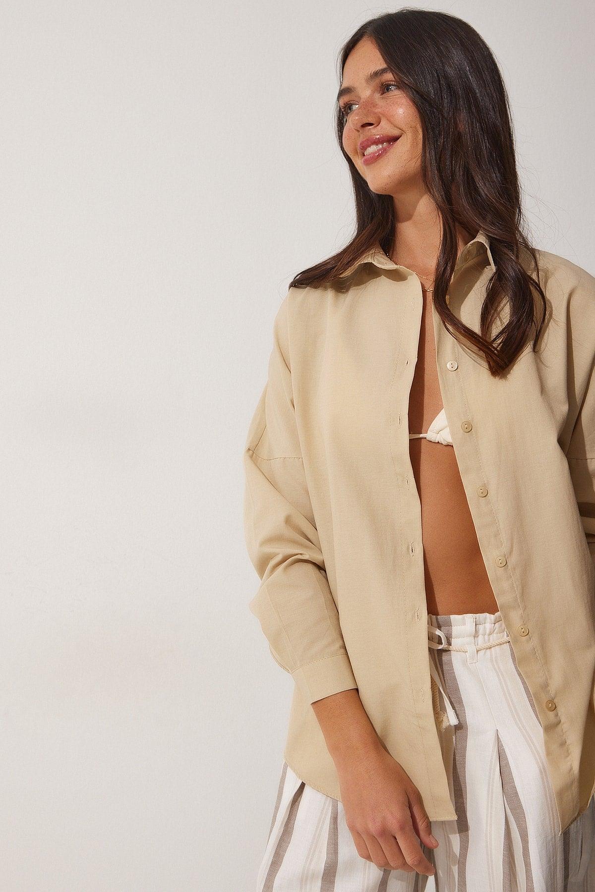 Women's Dark Cream Oversize Long Basic Shirt DD00842 - Swordslife