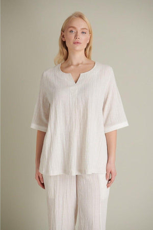 Women's A Pleated V-Neck Ecru Linen Blouse - Swordslife
