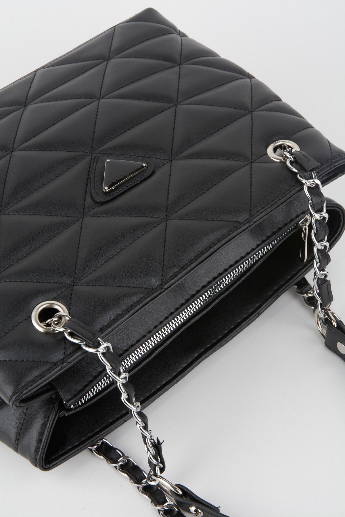 Crocos Black Quilted 3 Compartment Zipper Closure Lined Hand Arm And Shoulder Bag With Chain Strap