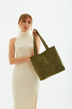 Khaki Green U46 Snap Closure Front Pocket Detailed Tote Bag Embroidered Canvas Women'S Arm And Shoulder Bag U