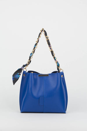 Women'S Sax Blue Scarf Chain Accessory Soft Leather 3-Compartment Hand, Arm And Shoulder Bag