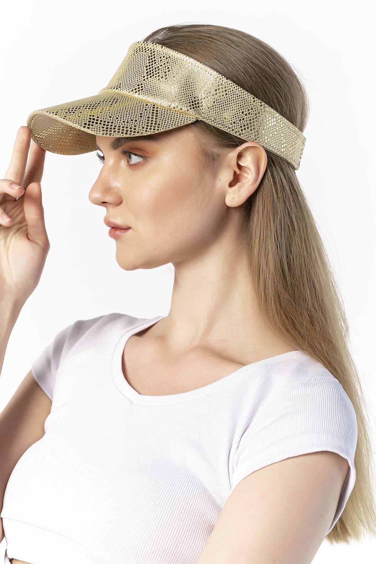 14063 Uv Protected Snakeskin Patterned Beige Colored Open Top Visor Hat