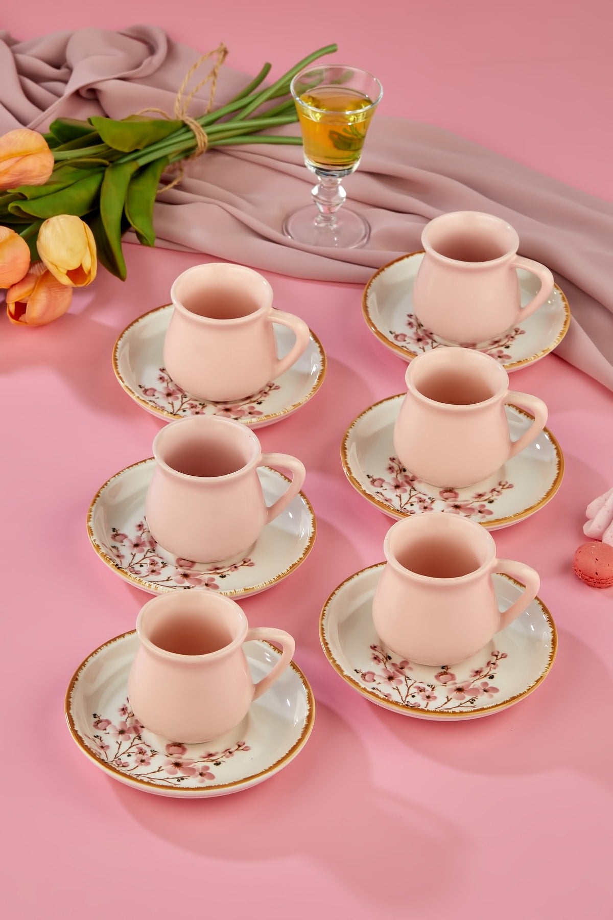 Sakura Pink 12 Piece Luxury Ceramic Coffee Cup Set for 6 People, Coffee Cup