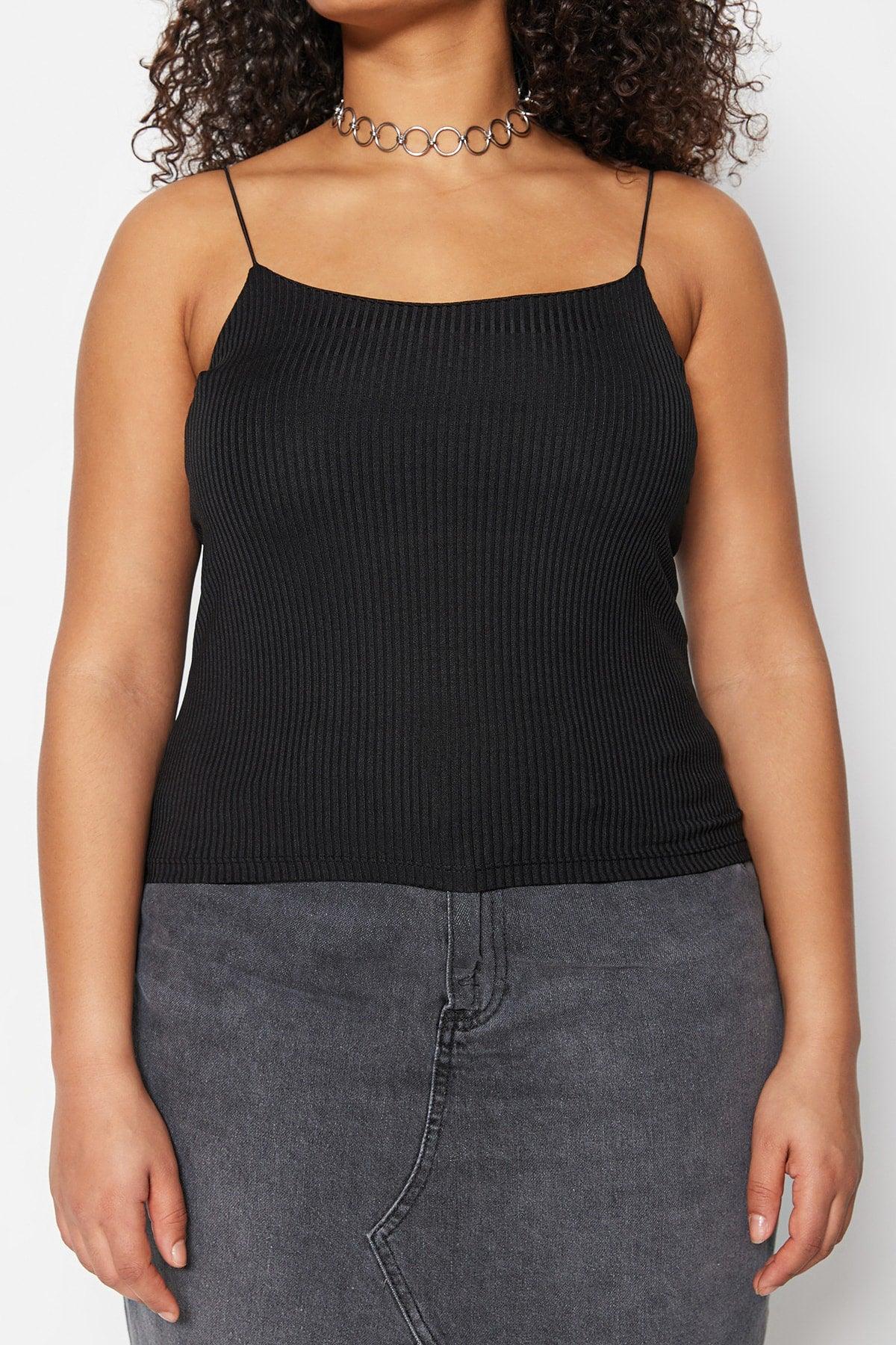 Black Crop Knitted Strap Blouse TBBSS23AF00013 - Swordslife