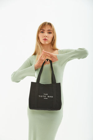 Black U45 Snap Closure The Tote Bag Embroidered Canvas Fabric Casual Women'S Arm And Shoulder Bag 25X3