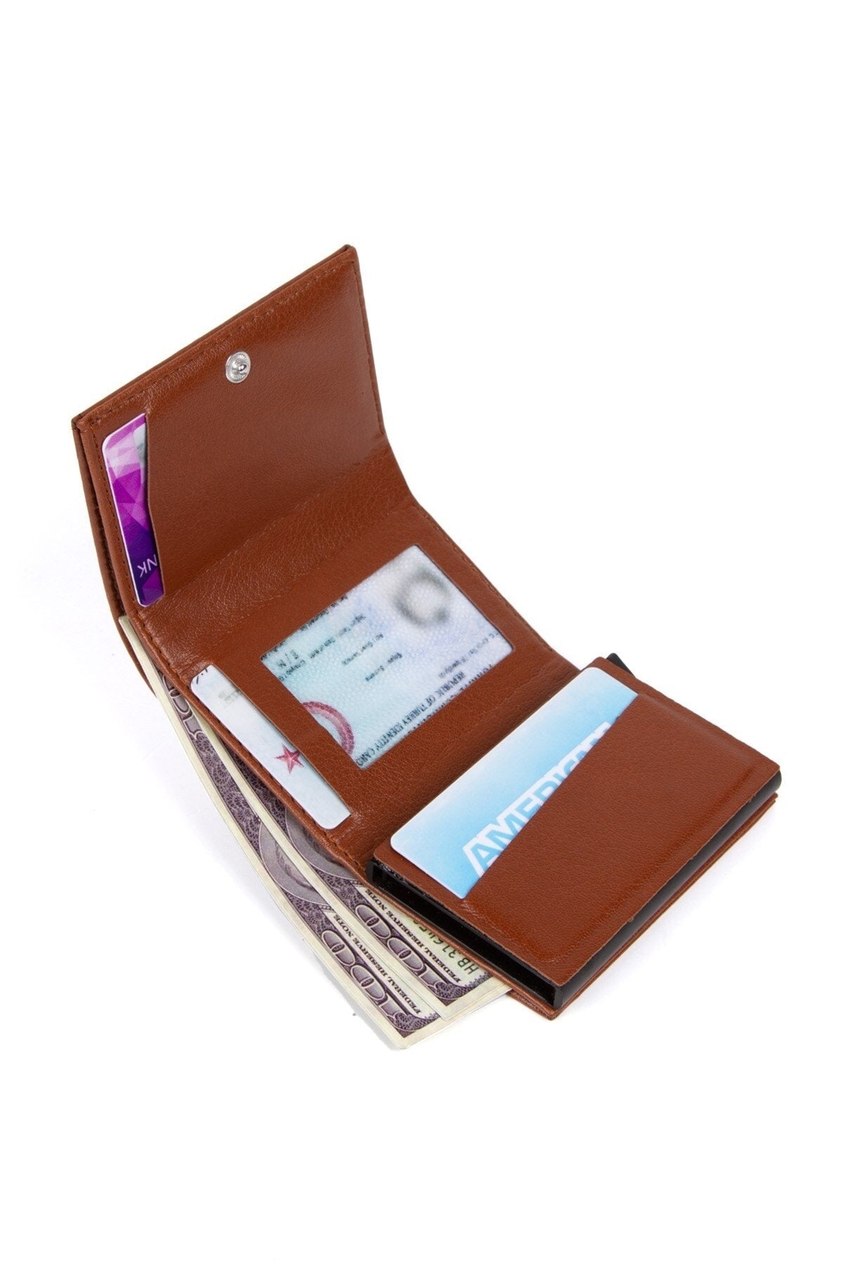 Unisex Leather Aluminum Mechanism Sliding Card Holder Wallet With Paper Money Compartment (7,5X10Cm)