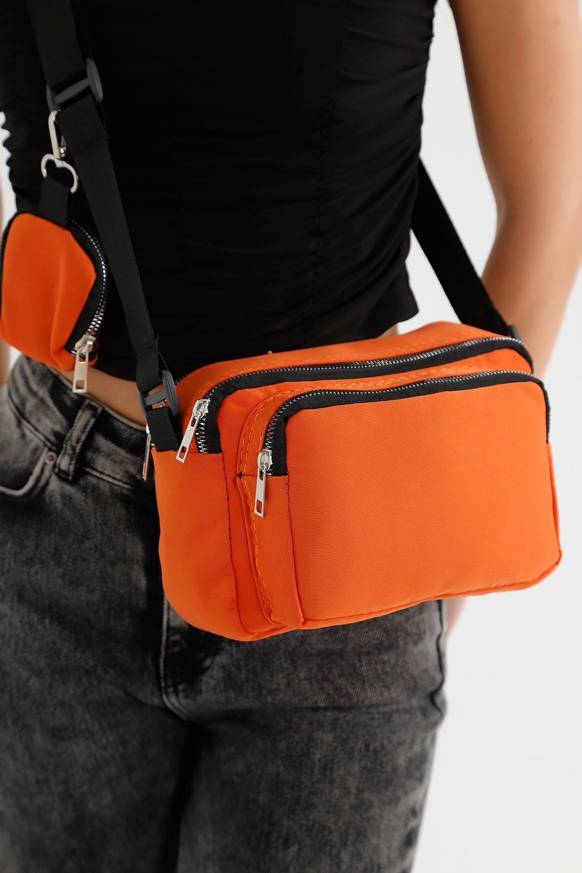 Orange U4 Canvas Women's Cross Shoulder Bag With 2 Compartments And Wallet With Adjustable Strap B:17 E:22 G:1