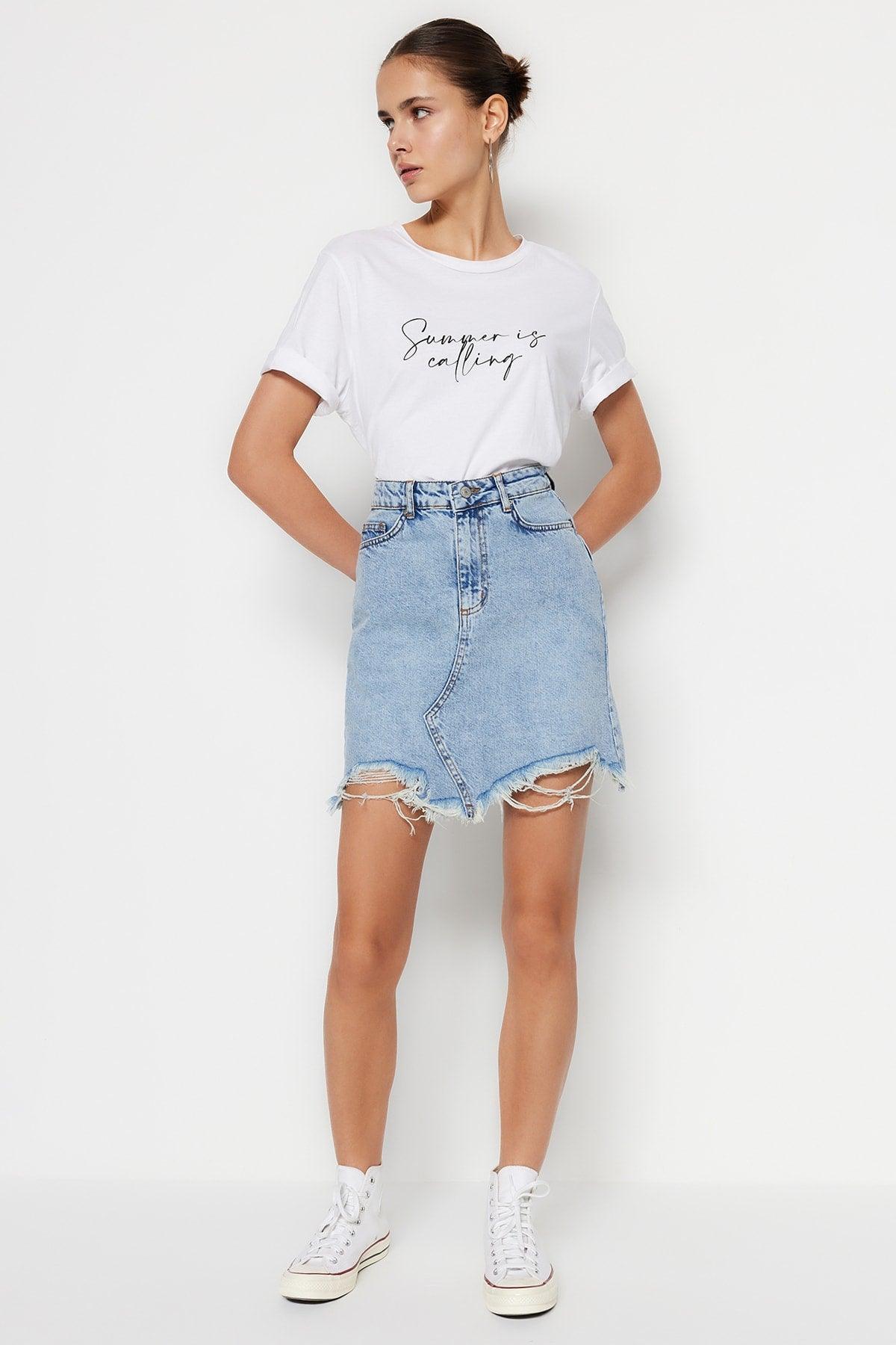 Light Blue Ripped Denim Skirt TWOSS23ET00287 - Swordslife