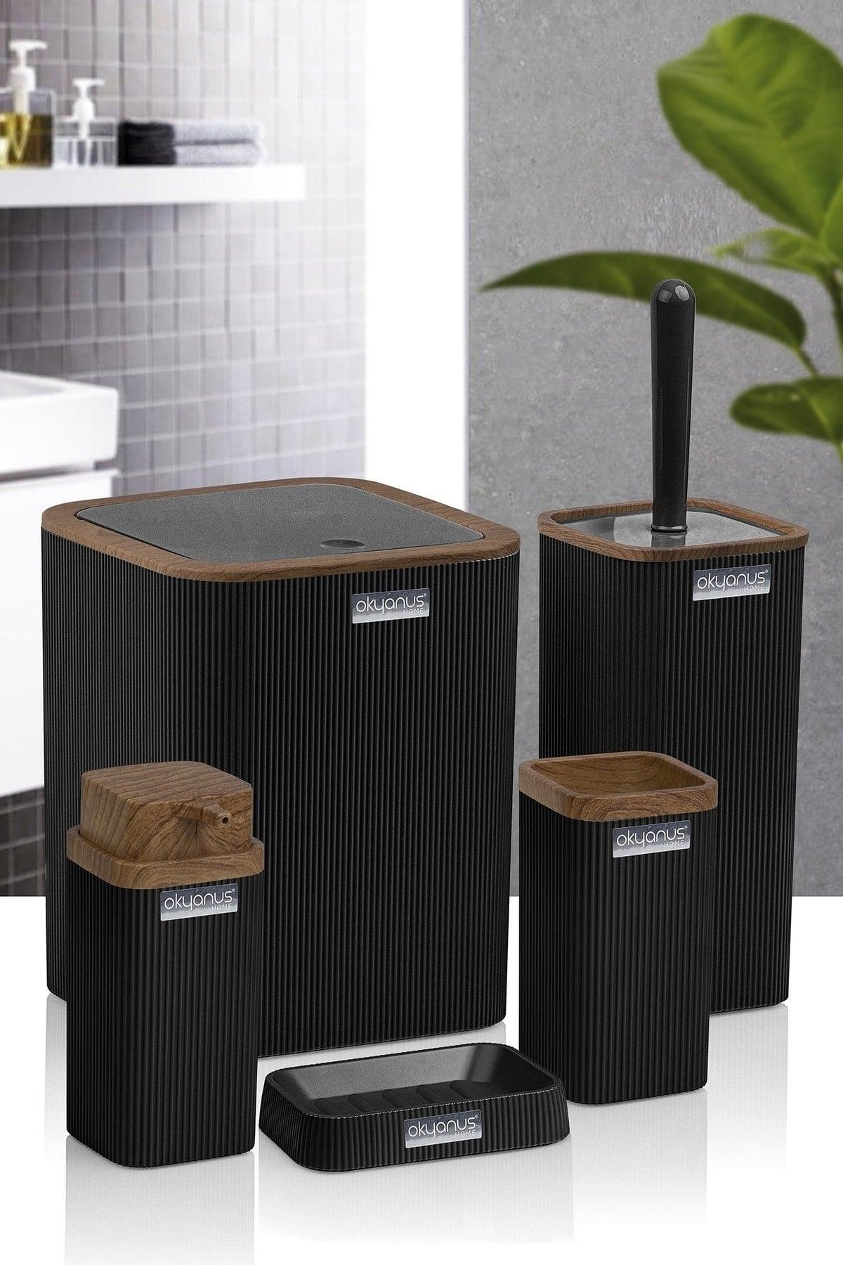 Stella Black Wood Patterned Striped 5 Piece Bathroom Set - Swordslife