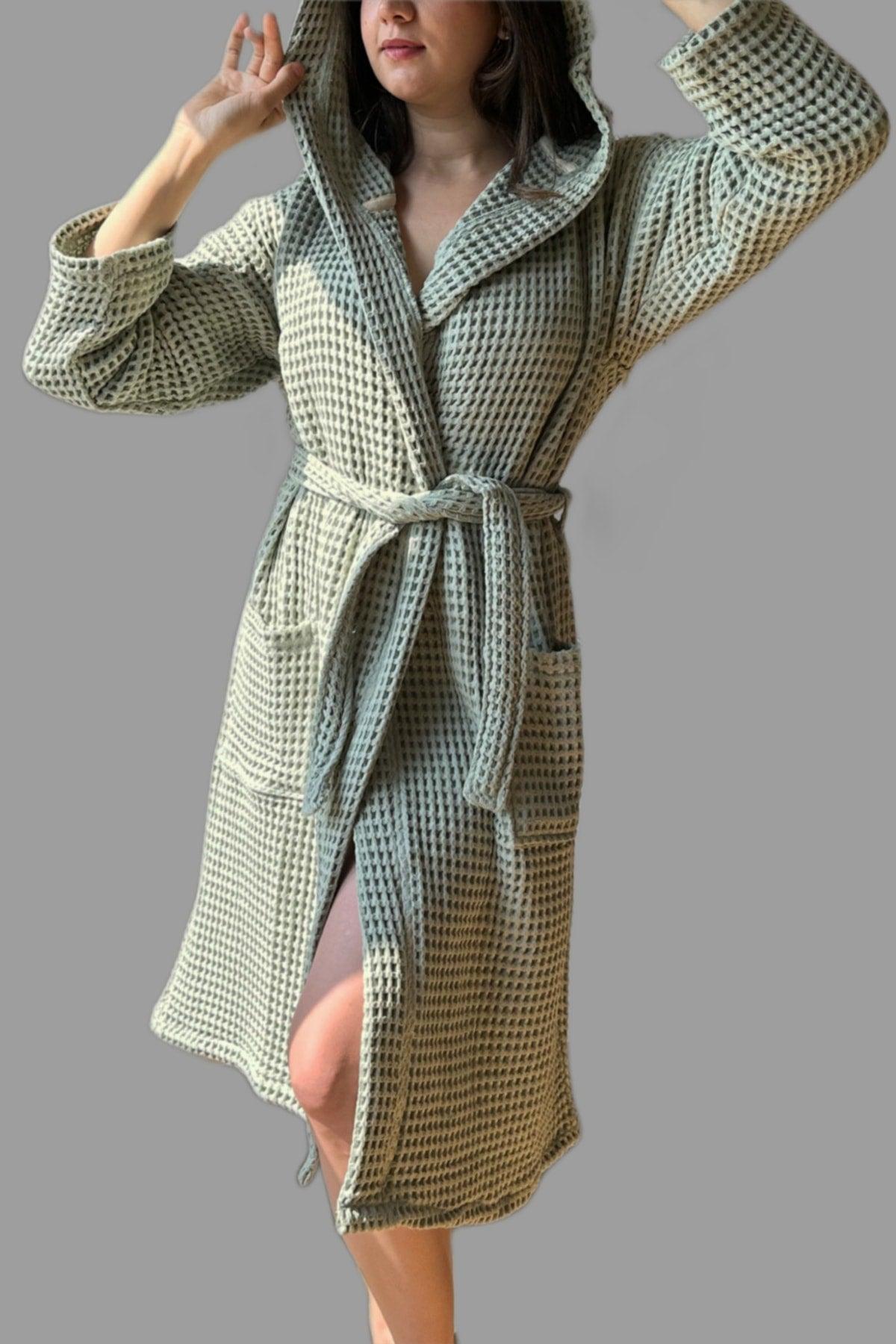 Waffle 100% Cotton Unisex Bathrobe Sage Green - Swordslife