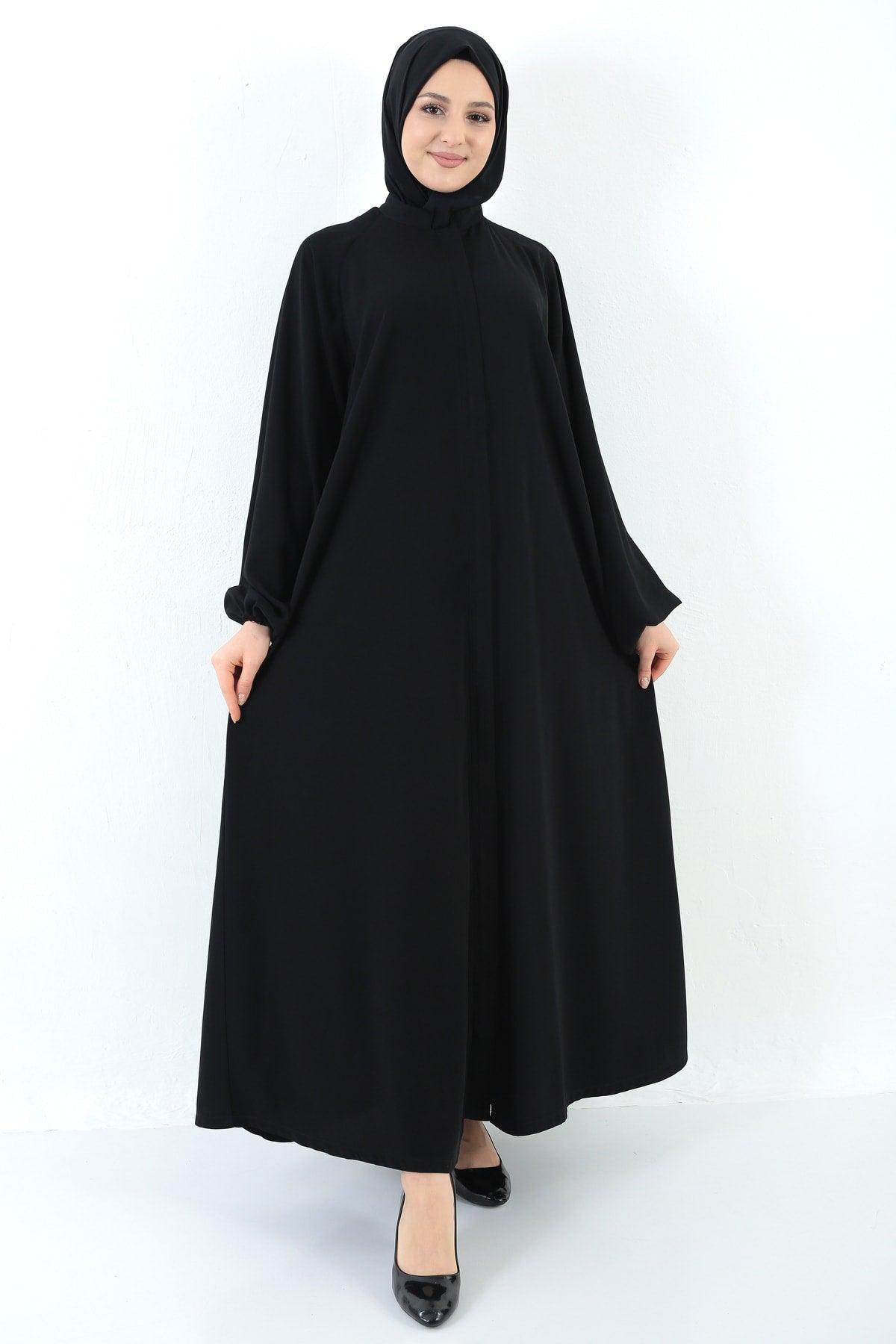 Women's Black Zippered Zippered Belted Pocket Abaya Hijab - Swordslife