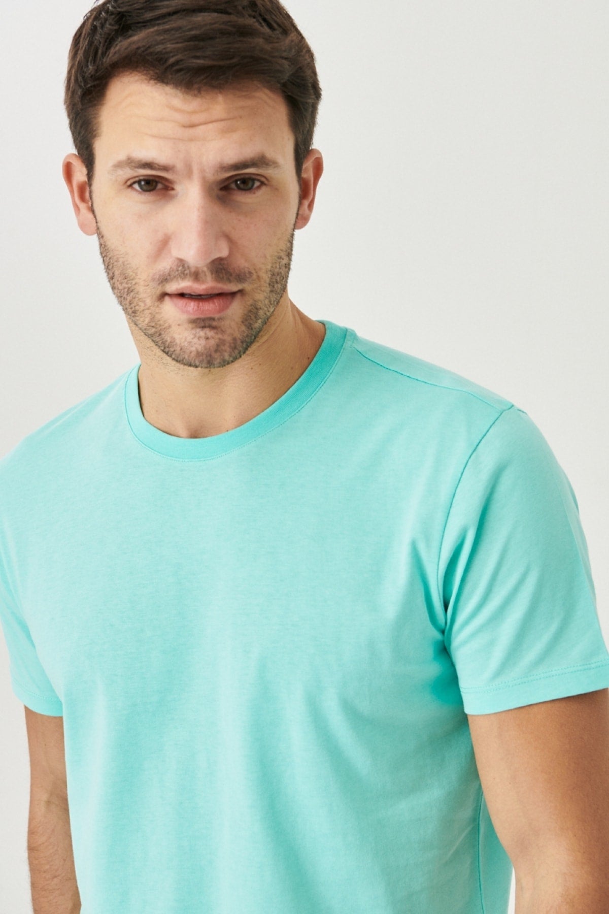 Men'S Turquoise 100% Cotton Slim Fit Slim Fit Crew Neck Short Sleeved T-Shirt