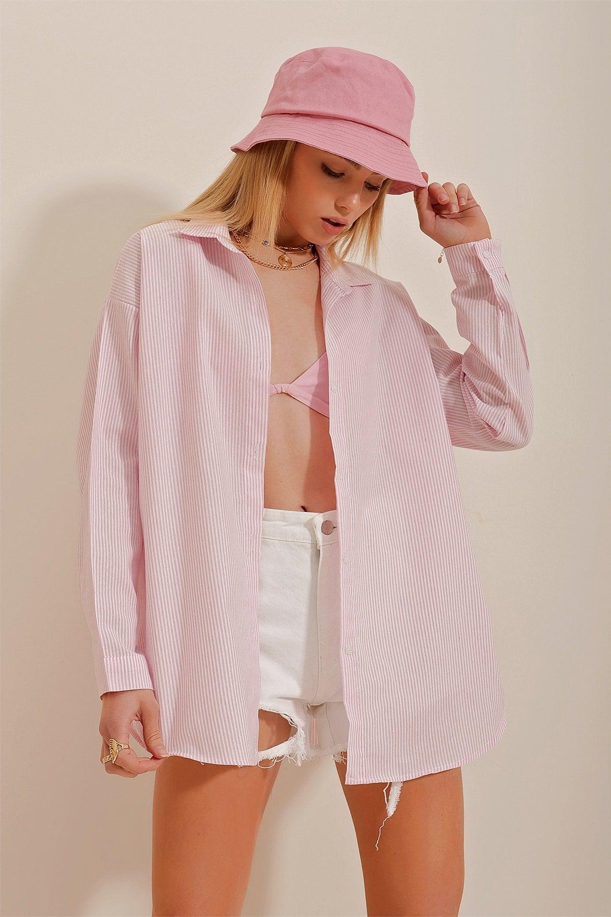 Women's Pink Striped Oversize Shirt ALC-X10232 - Swordslife