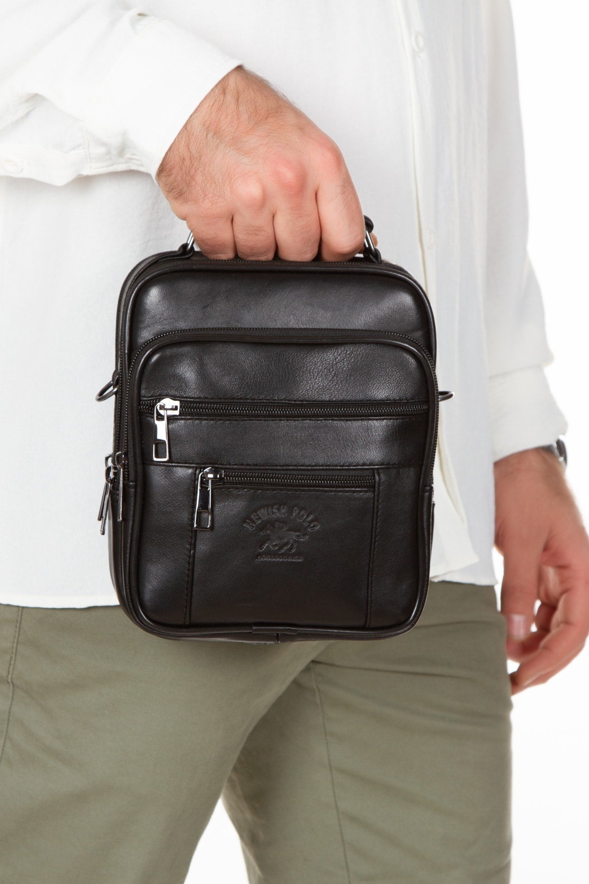 Men'S Black Genuine Leather Steel Case Hand And Shoulder Bag And Genuine Leather Wallet Set 100% Genuine Leather