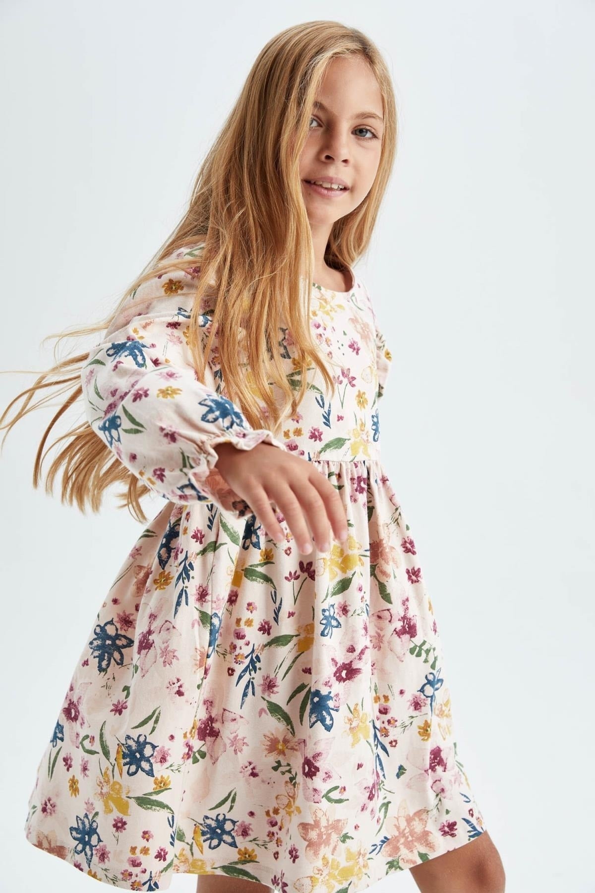 Girl Crew Neck Floral Long Sleeve Dress