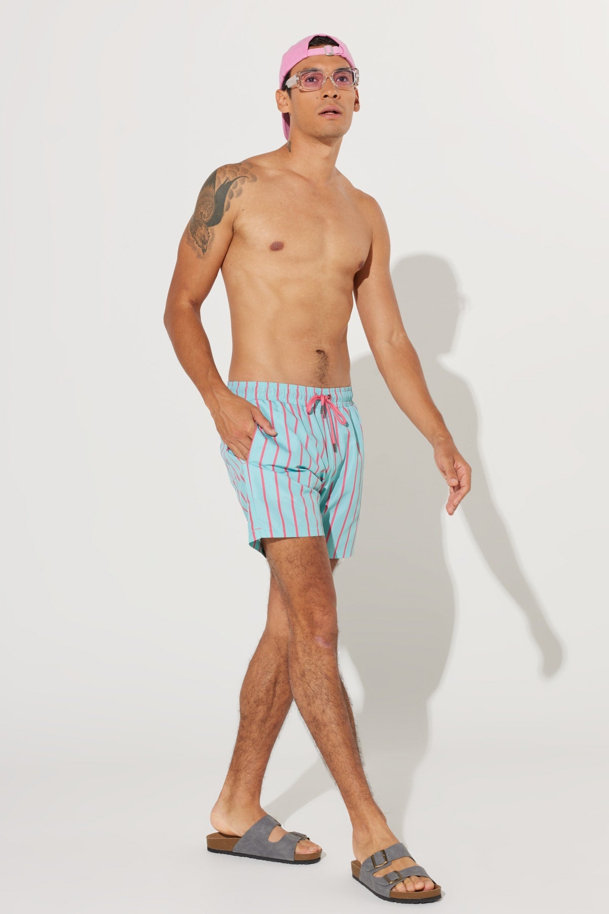 Men's Mint-pink Standard Fit Regular Fit Pocket Patterned Swimsuit Sea Shorts