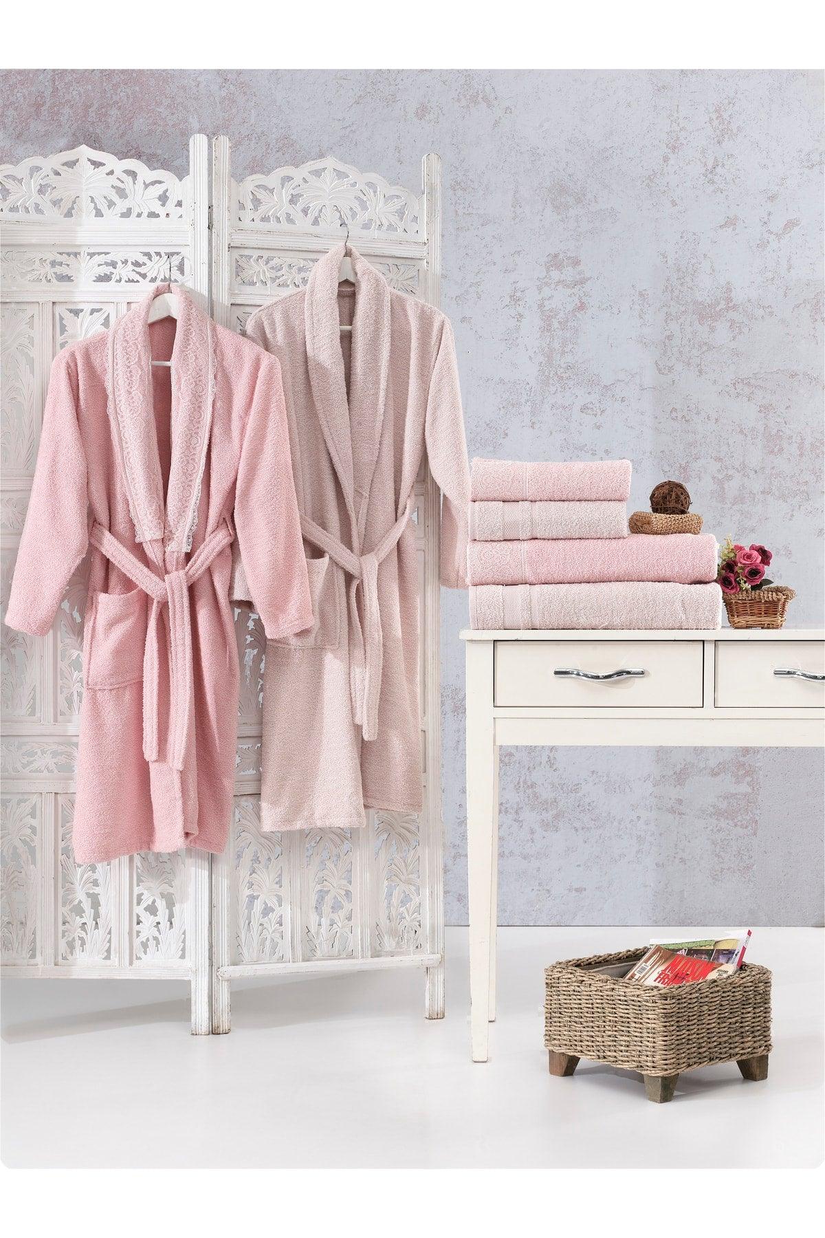 Family Lace Pink & Cappuccino Family Bathrobe Set 6 Pieces Dowry Women Men Bath Towel Set - Swordslife