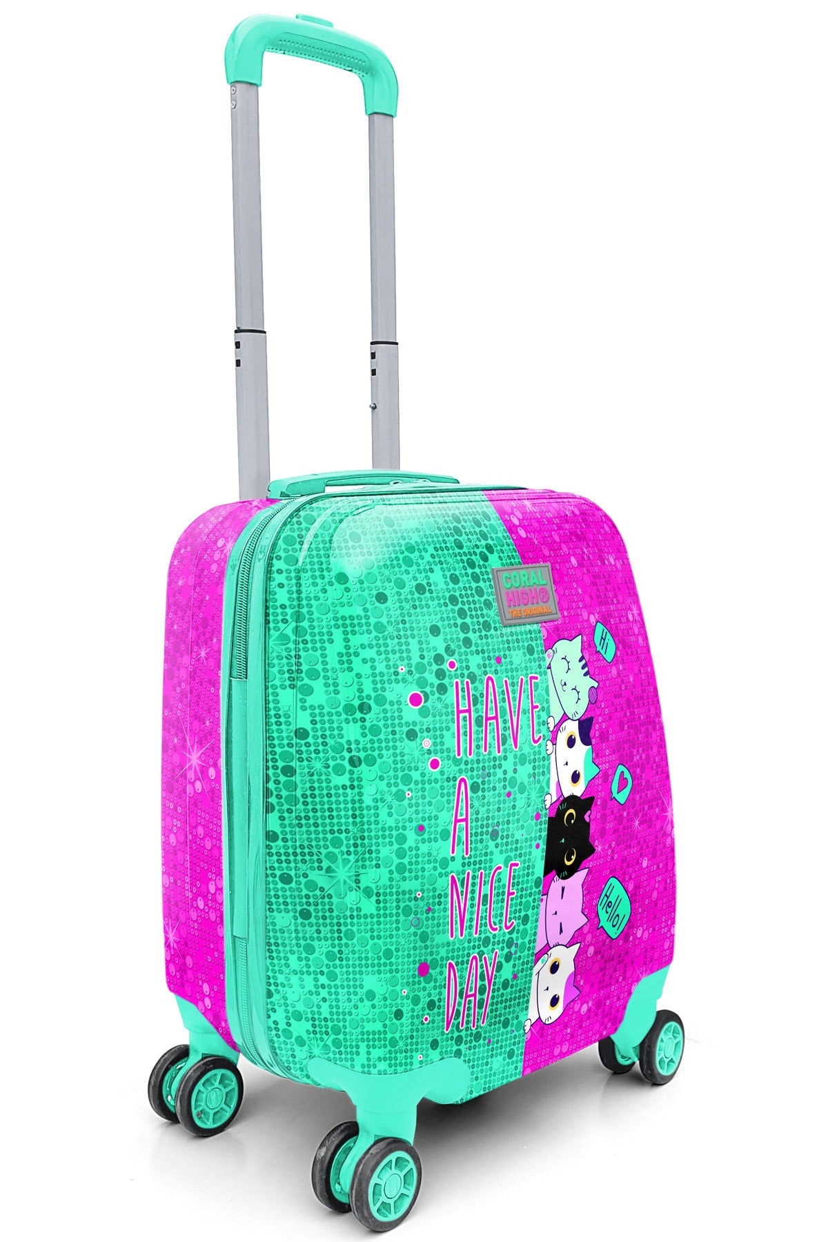 Kids Pink Water Green Cat Patterned Suitcase 16725