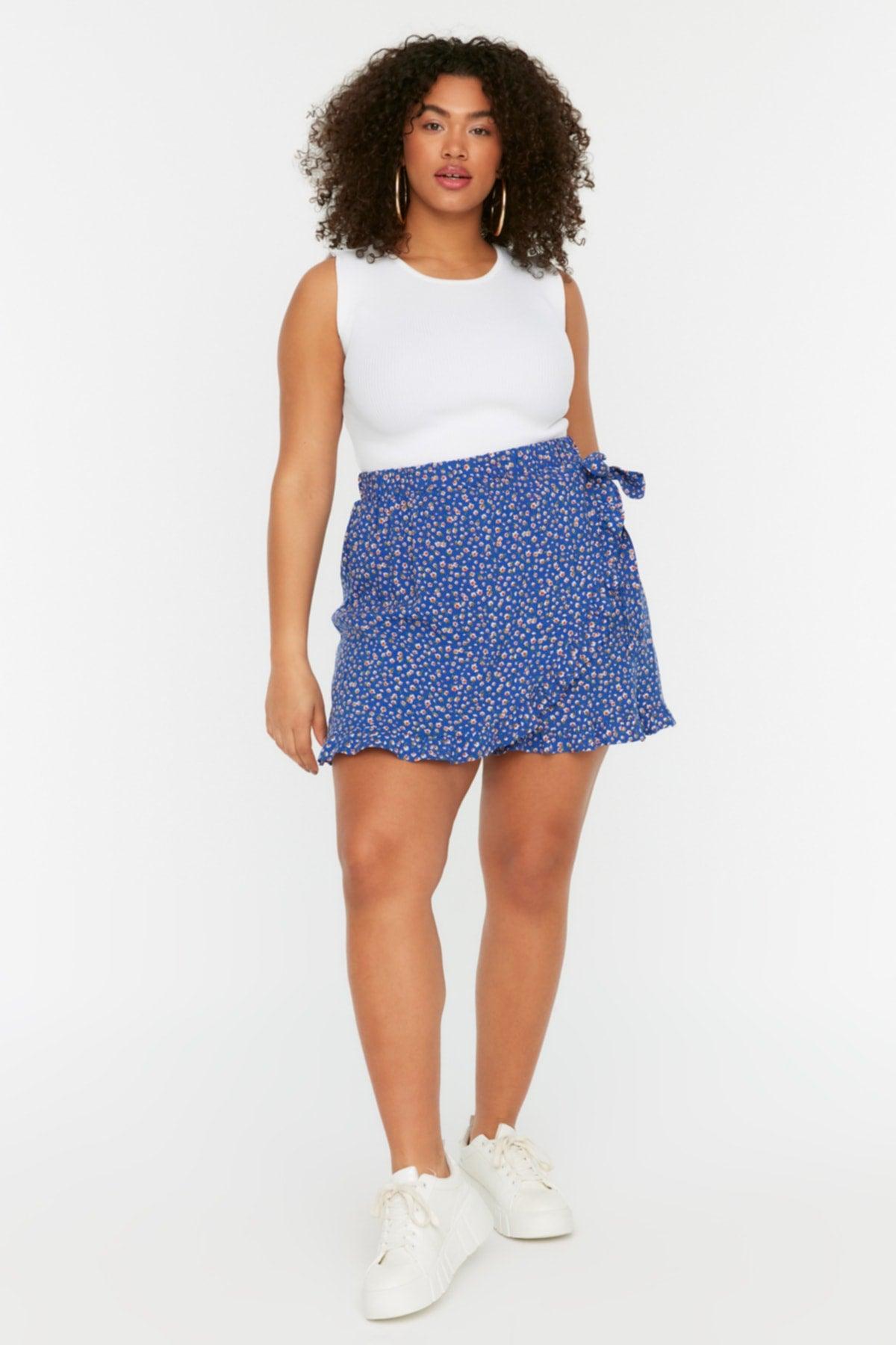 Blue Floral Patterned Woven Tie Shorts Skirt TBBSS22SR0164 - Swordslife