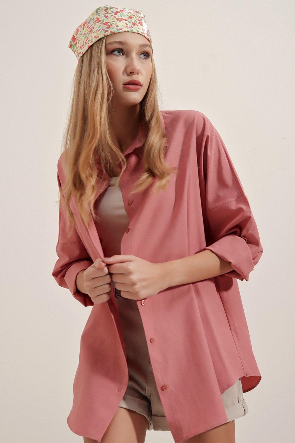 3900 Dried Rose Oversize Long Basic Shirt - Swordslife