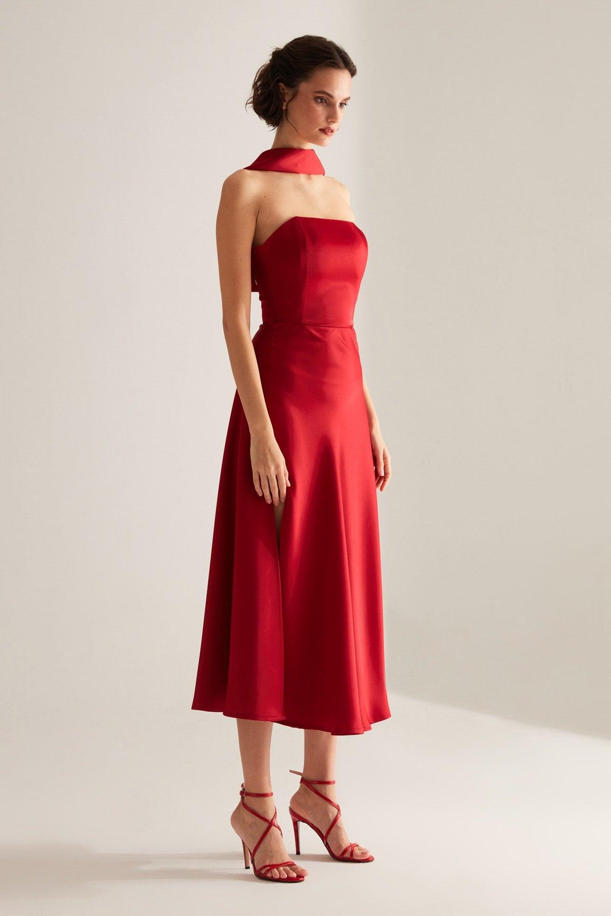 Brera Red Satin Slit Wrap Strapless Dress - Swordslife